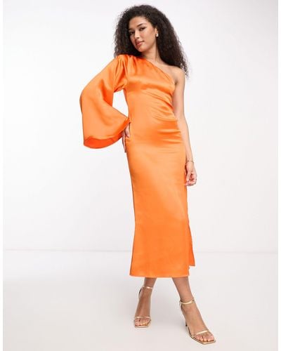 Pretty Lavish One Shoulder Satin Split Midaxi Dress - Orange