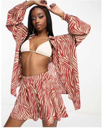 In The Style Satin Oversized Beach Shirt Co-ord - Pink