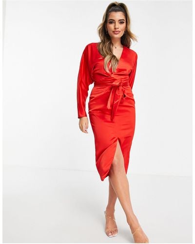 ASOS Satin Midi Dress With Batwing Sleeve And Wrap Waist - Red