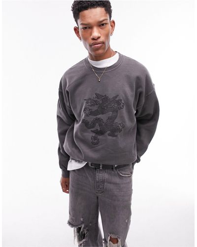TOPMAN Oversized Sweat With Dragon Embroidery - Grey