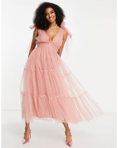 LACE & BEADS Bridesmaid Tiered Midaxi Dress - Pink