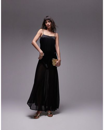 TOPSHOP Premium Satin Cami Fabric Mix Midi Dress - Black