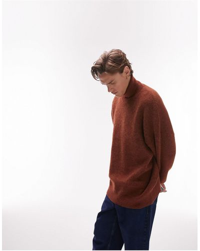 TOPMAN Heavy Knitted Oversized Roll Neck Sweater - Brown