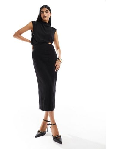 ASOS Linen Sleeveless Midi Dress With Cut Out Waist Detail - Black