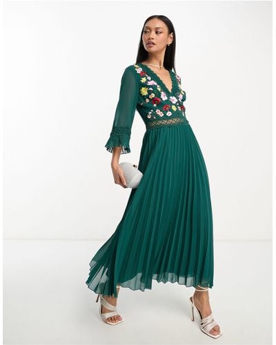 ASOS Lace Insert Pleated Midi Dress With Embroidery - Green