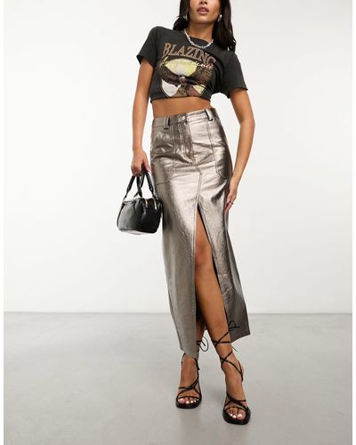 Miss Selfridge Faux Leather Metallic Maxi Skirt - White