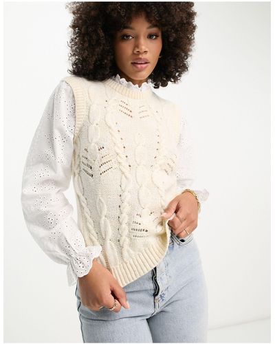 River Island Hybrid Cable Knit Broderie Shirt Jumper - White