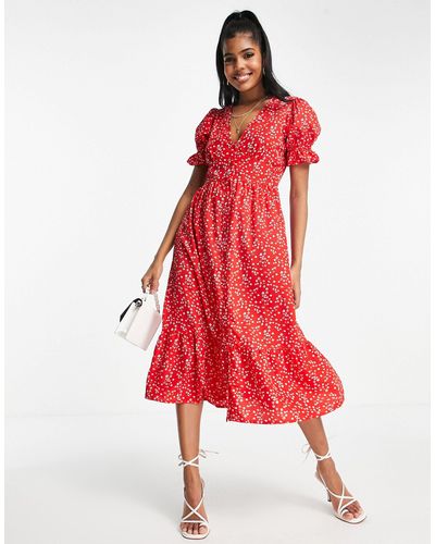 In The Style X jac jossa - exclusivité - robe mi-longue boutonnées à manches bouffantes et imprimé à petites fleurs - rouge