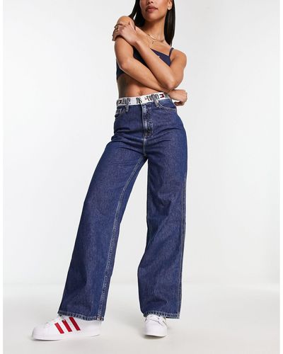 Tommy Hilfiger Jeans a fondo ampio lavaggio medio a vita alta - Blu