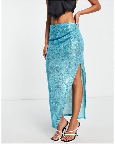 Pretty Lavish Embellished Split Maxi Skirt - Blue