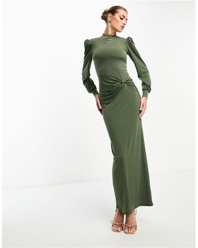 Flounce London High Neck Maxi Dress With Ruched Detail - Green