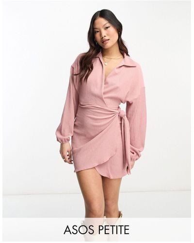 ASOS Asos Design Petite Long Sleeve V Neck Wrap Mini Dress - Pink