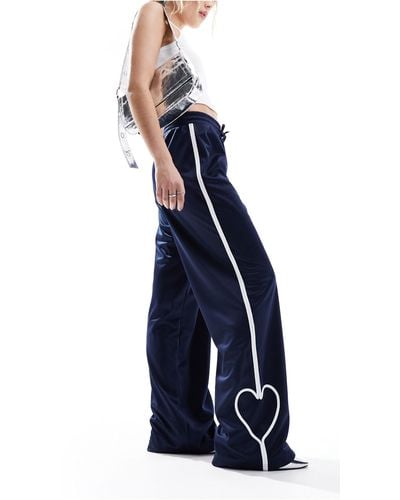 Monki Heart Stripe Straight Leg Track Pant Trouser - Blue