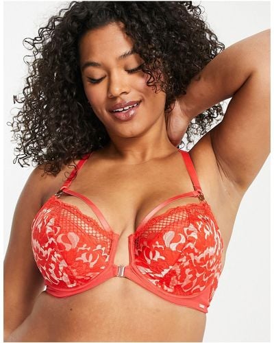 Figleaves Amore Lace And Fishnet Front Fastening Padded Plunge Bra - Red