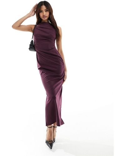 ASOS Slash Neck Ponte Midi Dress With Ruched Side Detail - Purple
