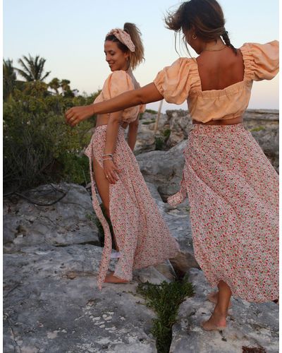 Labelrail X collyer twins - jupe portefeuille longue style paréo - rose à petites fleurs - Marron
