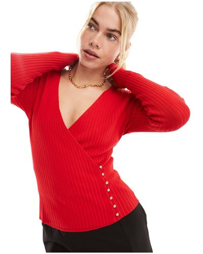 Morgan Fine Ribbed Top With Gold Hardwear Detail - Red