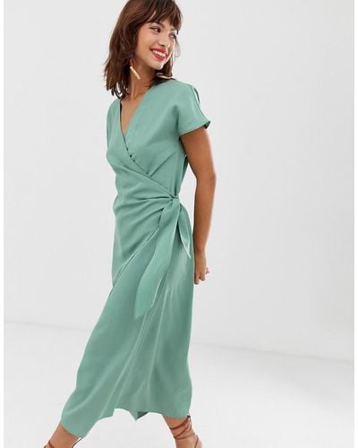 & Other Stories Wrap Front Dress In Sage Green