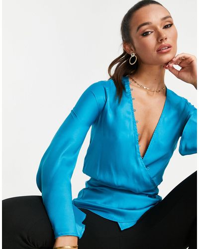 ASOS Drape Long Sleeve Top With And Peplum Hem - Blue