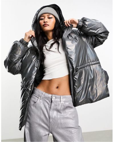 Pieces Holographic Padded Jacket With Hood - Grey