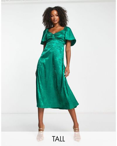 Flounce London Satin Flutter Sleeve Midi Dress - Green