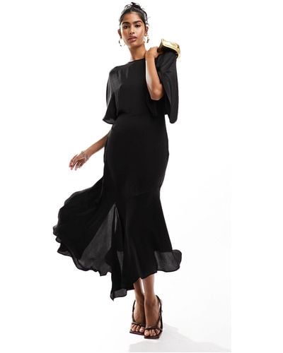 ASOS Satin Flutter Sleeve Asymmetric Hem Midi Dress - Black
