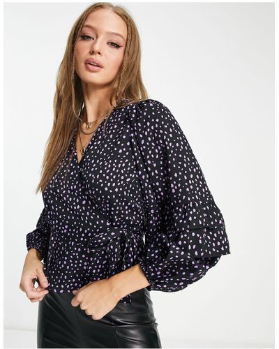 New Look Floral Wrap Long Sleeve Blouse - Blue