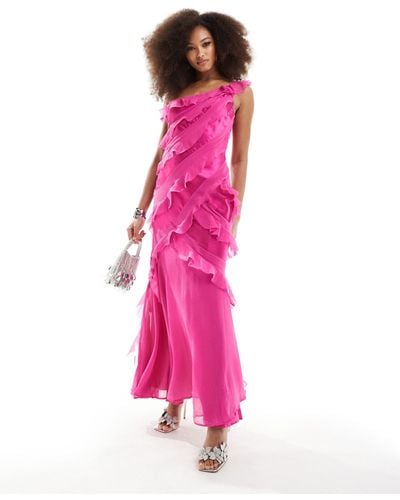 ASOS One Shoulder Ruffle Maxi Dress With Satin Chiffon Mix - Pink