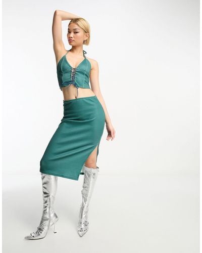 Rebellious Fashion Split Side Midi Skirt Co-ord - Blue