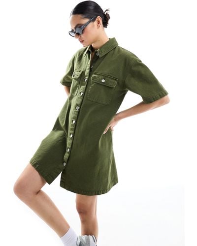Miss Selfridge Oversized Short Sleeve Denim Shirt Dress - Green