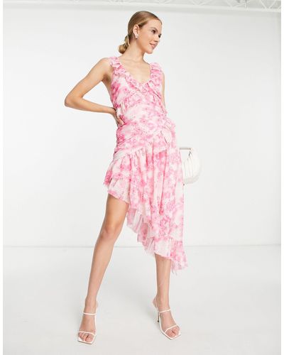ASOS Halter Neck Ruched Asymmetric Frill Mini Dress - Pink