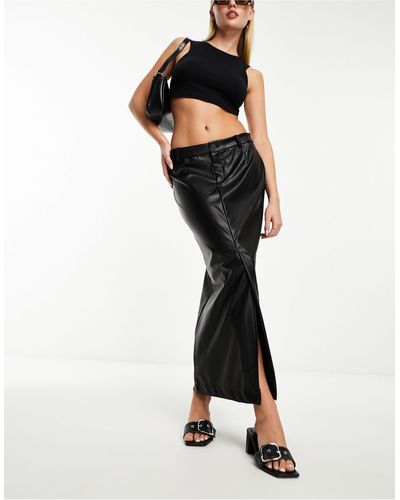 Monki Faux Leather Split Front Midaxi Skirt - Black