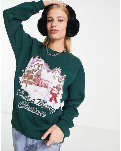 ASOS Kerstmis - Oversized Sweatshirt-trui Met Retro Schilderachtige Print - Groen