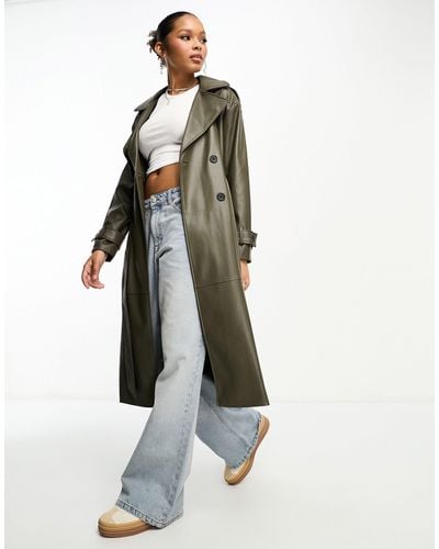Pull&Bear Belted Faux Leather Trench Coat - White