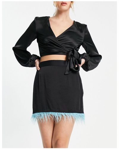 Pieces Exclusive Faux Feather Trim Satin Mini Skirt Co-ord - Black
