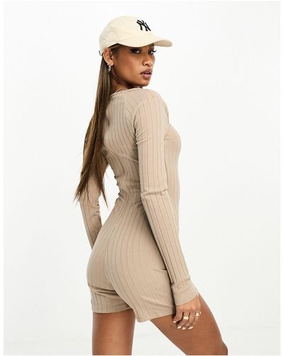 ASOS Rib Square Neck Long Sleeve Unitard Playsuit - Natural