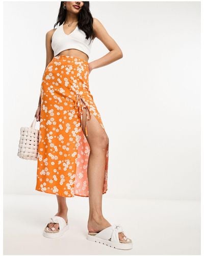 ASOS Bow Detail Midi Skirt With Thigh Split - Orange