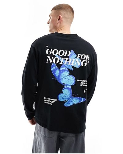 Good For Nothing Butterfly Graphic Long Sleeve T-shirt - Blue