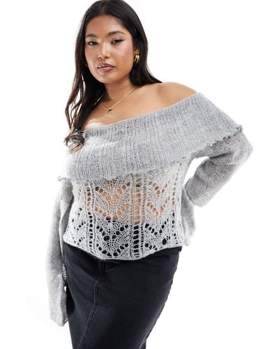 Collusion Plus Knitted Bardot Jumper - Grey