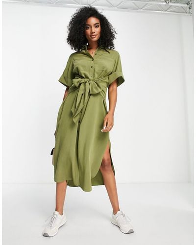 TOPSHOP Plisse Midi Tie Front Shirt Dress - Green
