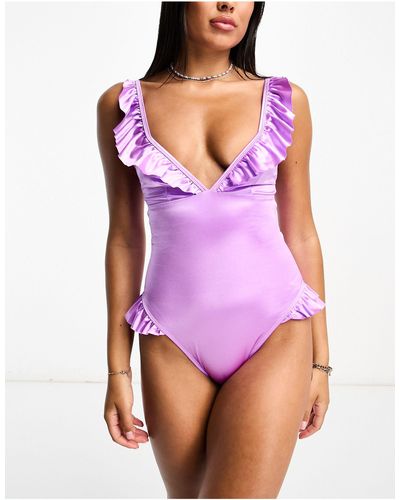 ASOS Frill Plunge Swimsuit With Seam Detail - Purple