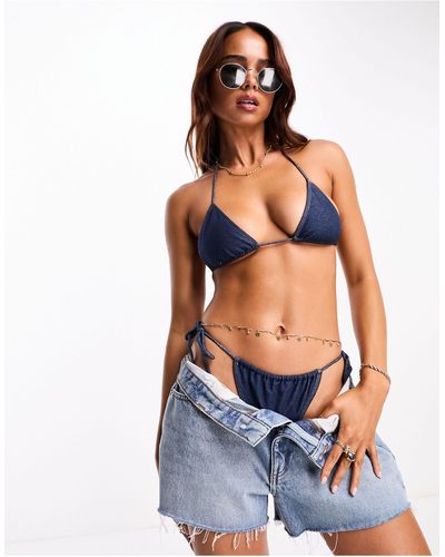 Bershka Triangle Denim Look Bikini Top - Blue