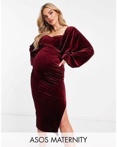 ASOS Asos Design Maternity Batwing Sleeve Velvet Midi Dress - Red