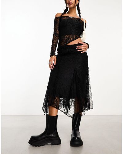 Reclaimed (vintage) Midi Skirt With Lace And Ruffles - Black