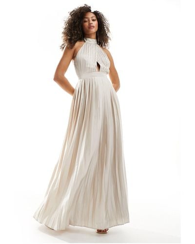 TFNC London Bridesmaid Satin Pleated Halterneck Maxi Dress With Full Skirt - White