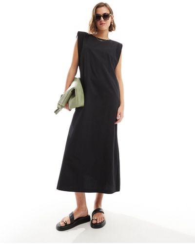 ASOS Cotton Shapeless Midi Dress With Shoulder Pads - Black