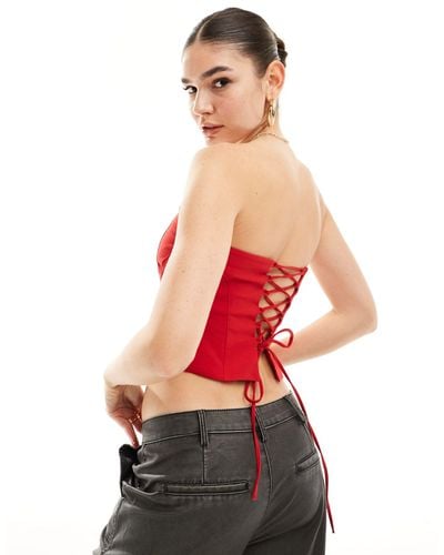 Pull&Bear Bandeau Top With Lace Up Back - Red