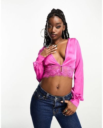 Naanaa Satin Cropped Blouse With Lace Trim - Pink