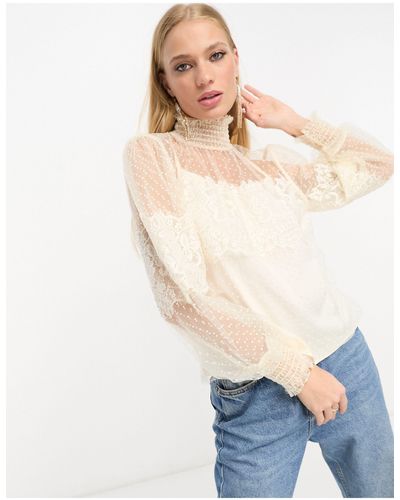 True Decadence Long Sleeve Sheer Top With Lace Overlay - White