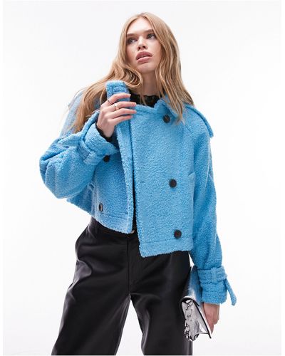 TOPSHOP Cropped Bouclé Trenchjack - Blauw